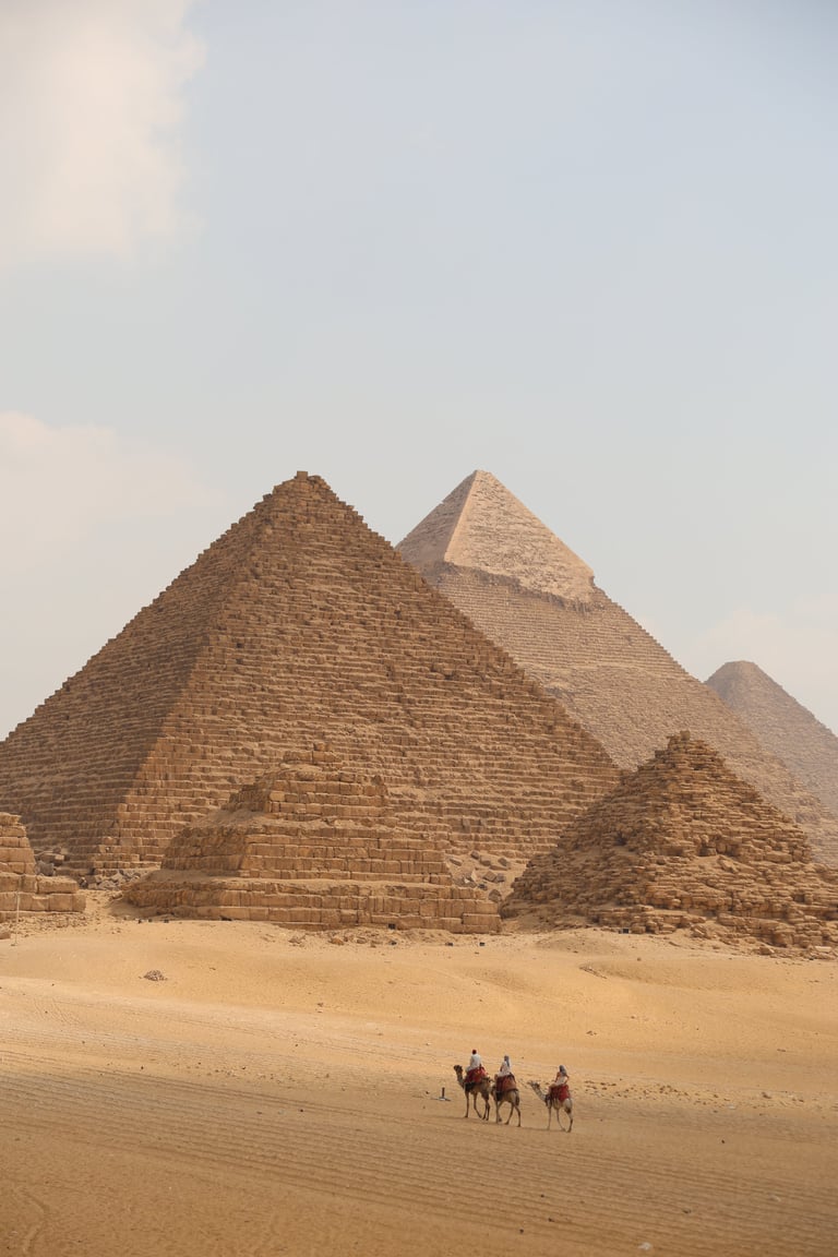 Camels caravan going to Giza pyramids Egypt desert