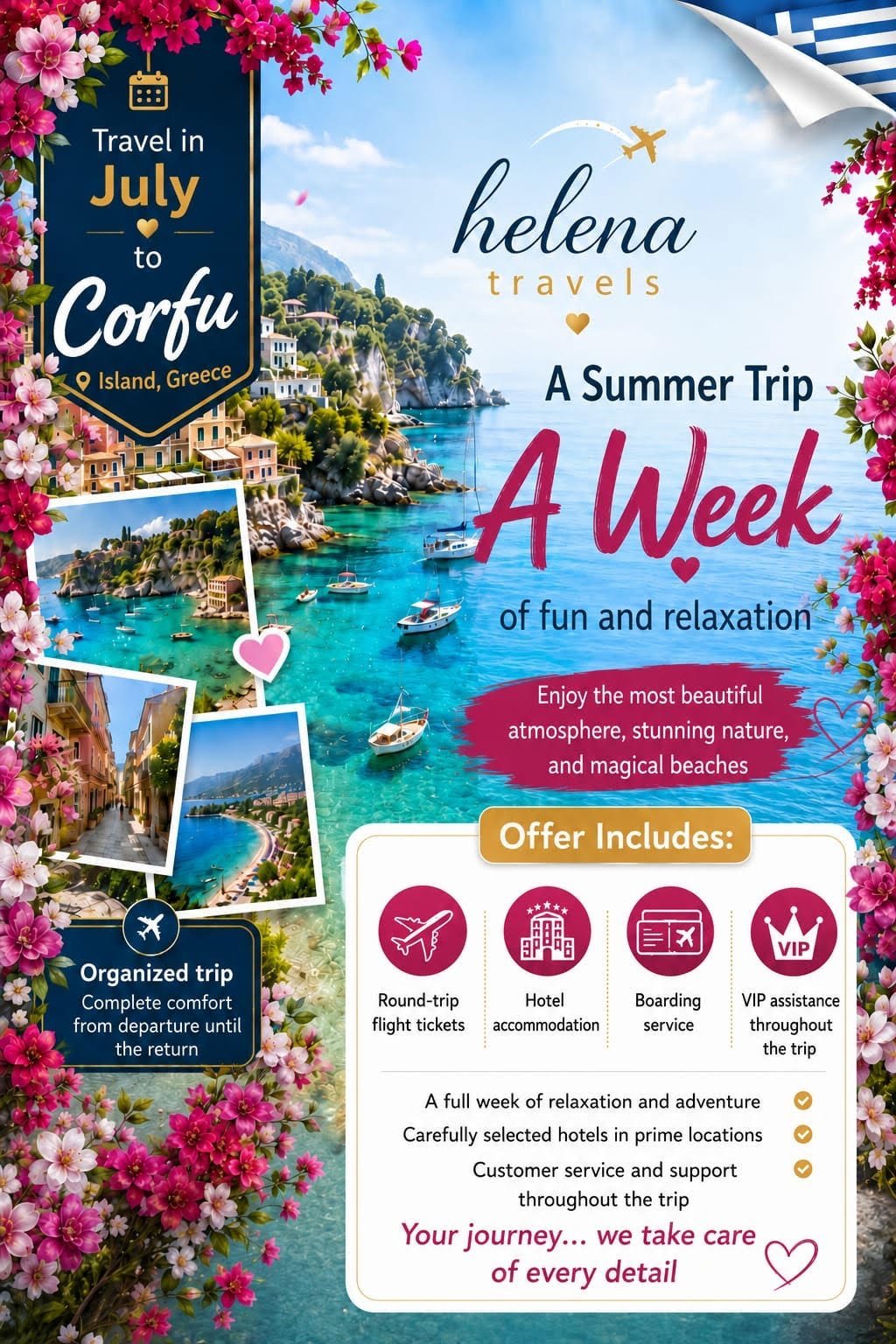 Helena Travels flyer for a one-week summer trip to Corfu, Greece in July with stunning turquoise water, coastal village, pink flowers, and travel package details