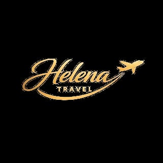 Helena Travel logo featuring gold script text with an airplane icon on a black background