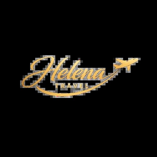 Helena Travel logo featuring gold script text with an airplane icon on a black background